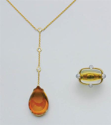 Lot image - Gold, Cabochon Citrine and Diamond Pendant Necklace and Ring