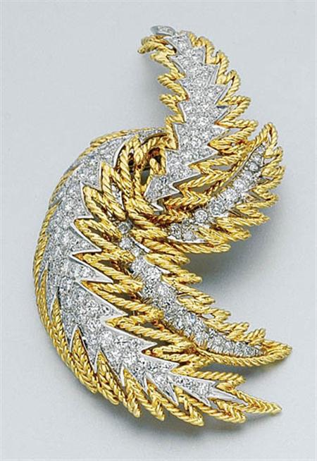 Lot image - Two-Color Gold and Diamond Feather Clip-Brooch