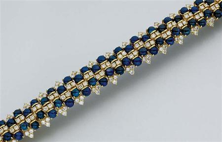 Lot image - Gold, Cabochon Sapphire and Diamond Bracelet