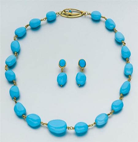 Lot image - Gold and Turquoise Bead Necklace and Pair of Pendant-Earrings