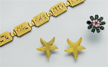 Lot image - Low Karat Gold Bracelet, Gold Earclips and Gem-Set and Diamond Ring