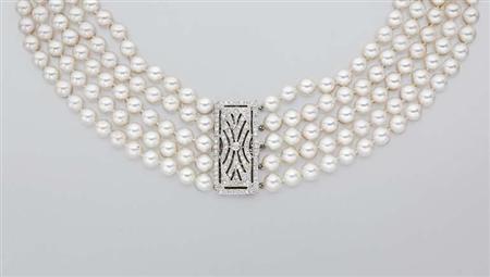 Lot image - Five Strand Cultured Pearl Necklace with Diamond Clasp