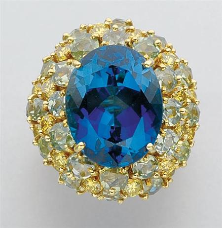 Lot image - Blue Tourmaline, Peridot and Yellow Diamond Ring