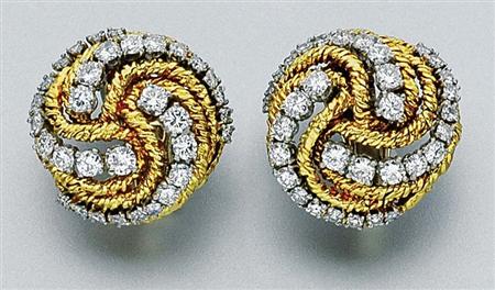 Lot image - Pair of Gold, Platinum and Diamond Earclips