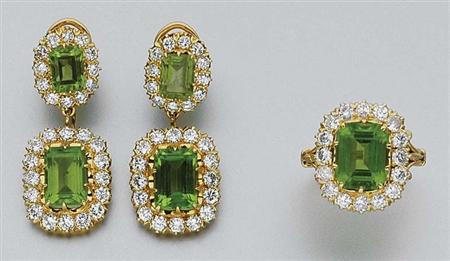Lot image - Pair of Peridot and Diamond Earclips and Ring