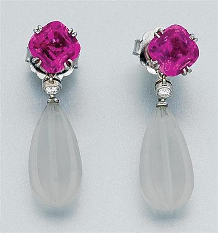 Lot image - Pair of Pink Sapphire, Diamond and Fluted Frosted Rock Crystal Pendant-Earrings