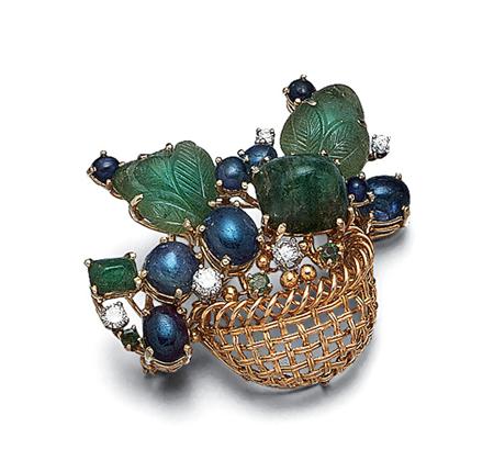 Lot image - Gold, Gem-Set and Diamond Basket Brooch