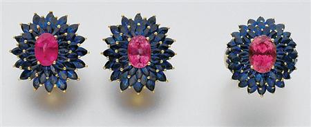 Lot image - Pair of Sapphire and Pink Tourmaline Earclips and Ring