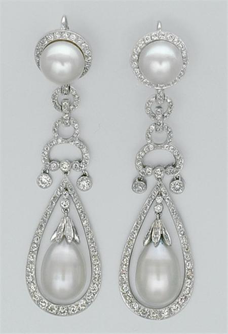 Lot image - Pair of Cultured Pearl and Diamond Pendant-Earrings