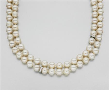 Lot image - Cultured Pearl and Diamond Necklace