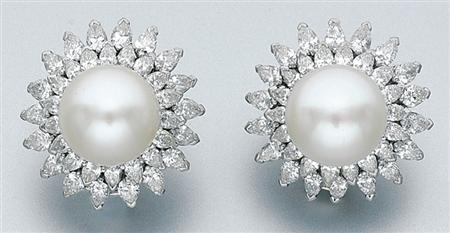 Lot image - Pair of Cultured Pearl and Diamond Earclips