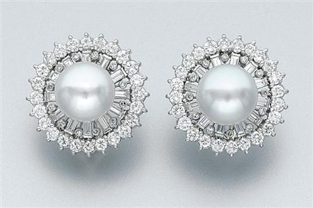 Lot image - Pair of Cultured Pearl and Diamond Earclips