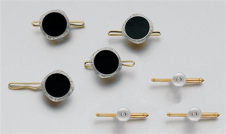 Lot image - Four Black Onyx Buttons and Three Mother-of-Pearl and Diamond Studs