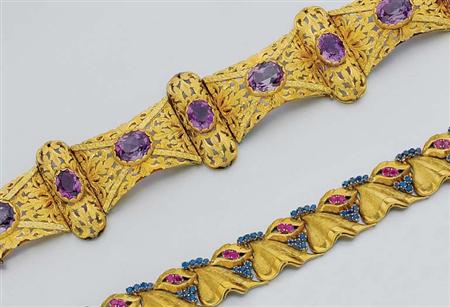 Lot image - Two Gold and Gem-Set Bracelets