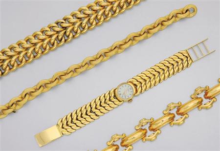 Lot image - Three Gold Bracelets and Wristwatch