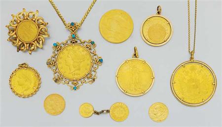 Lot image - Group of Gold Coin Jewelry and Eight Coins