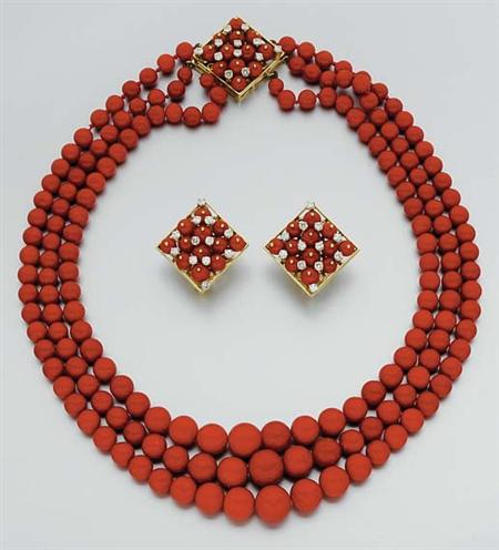 Lot image - Triple Strand Oxblood Coral Bead and Diamond Necklace and Pair of Oxblood Coral and Diamond Earclips