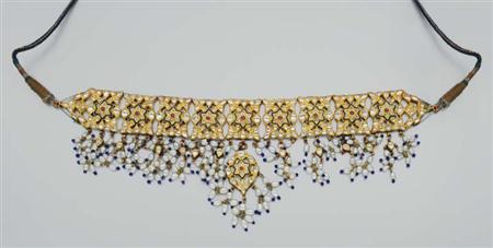 Lot image - Indian Gold, White Sapphire, Cabochon Ruby, Biwa Pearl and Jaipur Enamel Choker Necklace