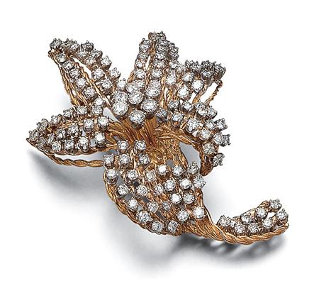 Lot image - Gold and Diamond Flower Clip-Brooch