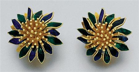 Lot image - Pair of Gold and Blue and Green Enamel Flower Earclips