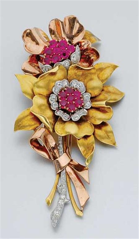 Lot image - Two-Color Gold, Ruby and Diamond Flower Clip