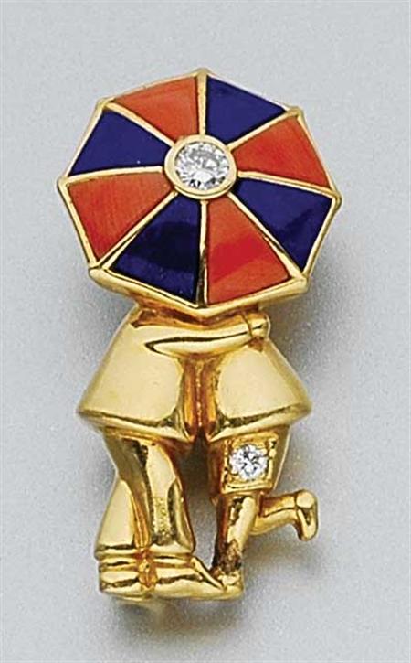 Lot image - Gold, Coral, Lapis and Diamond Brooch
