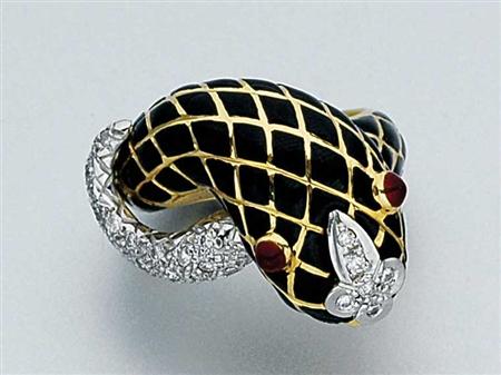 Lot image - Gold, Black Enamel, Diamond and Cabochon Ruby Snake Ring