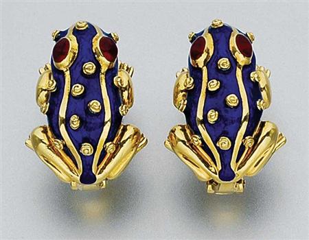 Lot image - Pair of Gold and Royal Blue Enamel Frog Earclips