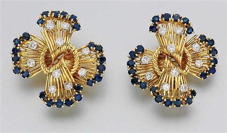 Lot image - Pair of Gold, Diamond and Sapphire Earclips