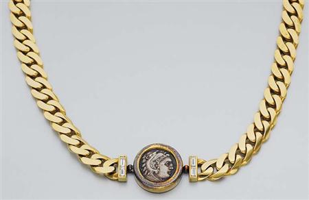 Lot image - Gold, Ancient Coin and Diamond Chain Necklace