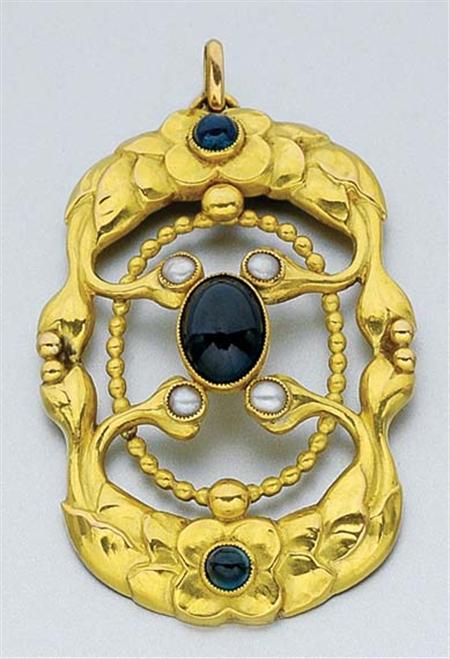 Lot image - Gold, Cabochon Sapphire and Split Pearl Pendant