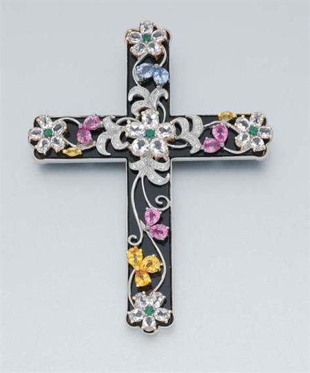 Lot image - White Gold, Black Onyx, Gem-Set and Diamond Cross Pendant