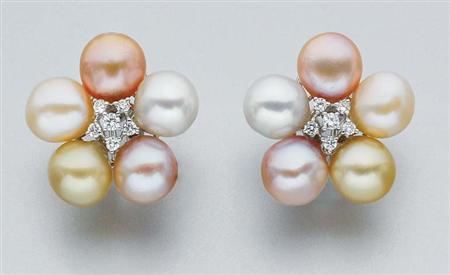 Lot image - Pair of Multi-Colored Freshwater Pearl and Diamond Flower Earrings