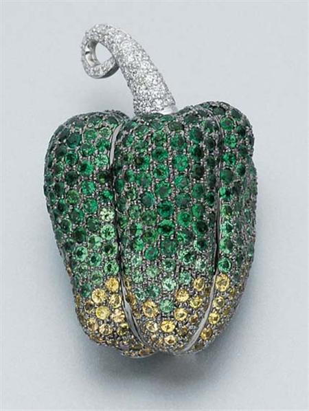 Lot image - Green Garnet, Yellow Sapphire and Diamond Pepper Clip-Brooch