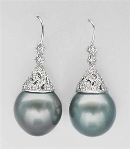 Lot image - Pair of Black Cultured Pearl and Diamond Pendant-Earrings