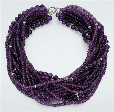 Lot image - Thirteen Strand Amethyst Bead and Diamond Torsade Necklace