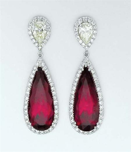 Lot image - Pair of White Gold, Rubellite and Diamond Pendant-Earrings