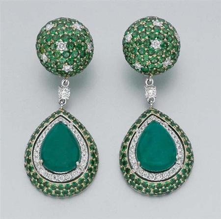 Lot image - Pair of Cabochon Emerald, Green Garnet and Diamond Pendant-Earrings
