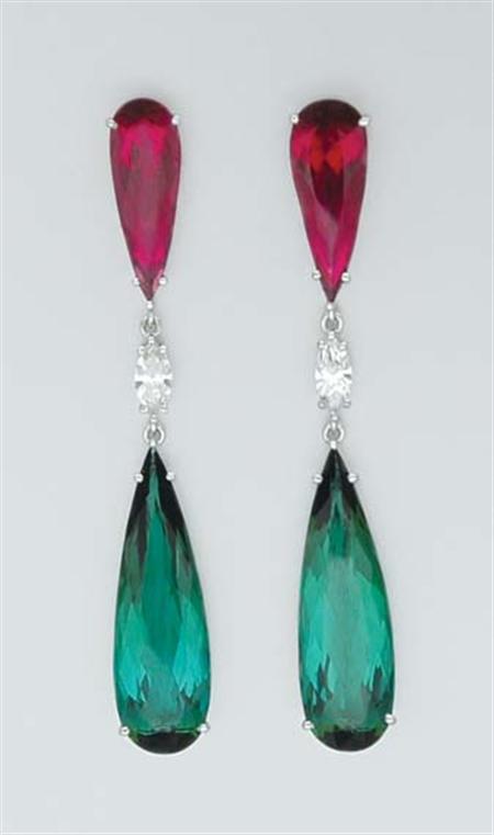 Lot image - Pair of Rubellite, Tourmaline and Diamond Pendant-Earrings