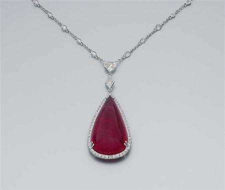 Lot image - White Gold, Cabochon Pink Tourmaline and Diamond Pendant-Necklace