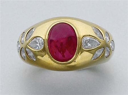 Lot image - Gold, Cabochon Ruby and Diamond Ring