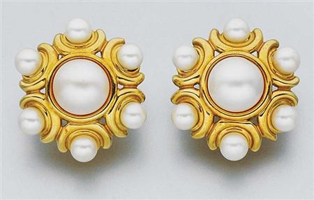 Lot image - Pair of Gold, Mabe Pearl and Cultured Pearl Earclips