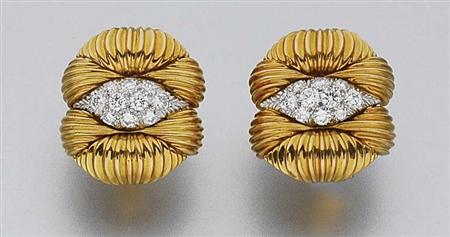 Lot image - Pair of Gold, Platinum and Diamond Earrings
