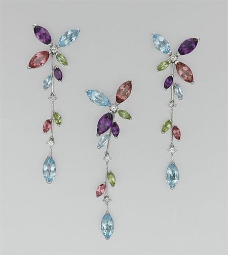 Lot image - Pair of Gem-Set and Diamond Pendant-Earrings and Pendant