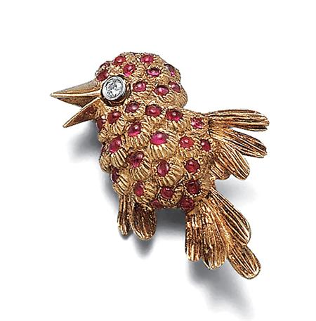Lot image - Gold, Cabochon Ruby and Diamond Bird Brooch