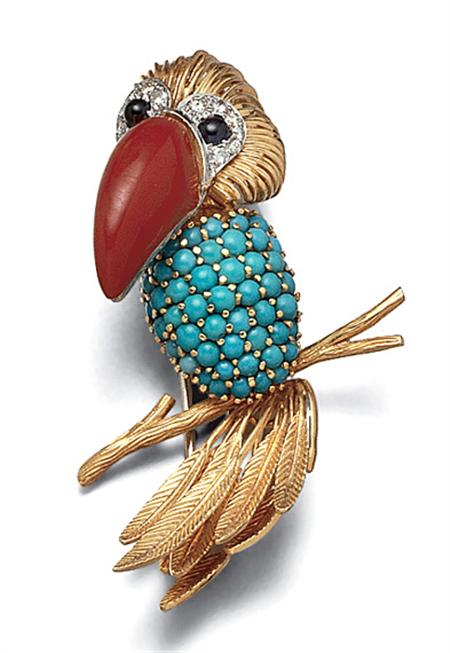 Lot image - Gold, Oxblood Coral, Turquoise, Sapphire and Diamond Parrot Clip-Brooch