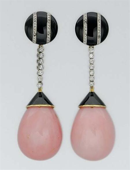 Lot image - Pair of Pink Opal, Black Enamel and Diamond Pendant-Earrings