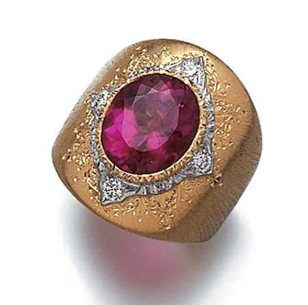 Lot image - Two-Color Gold, Rubellite and Diamond Ring
