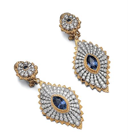 Lot image - Pair of Two-Color Gold, Sapphire and Diamond Pendant-Earrings