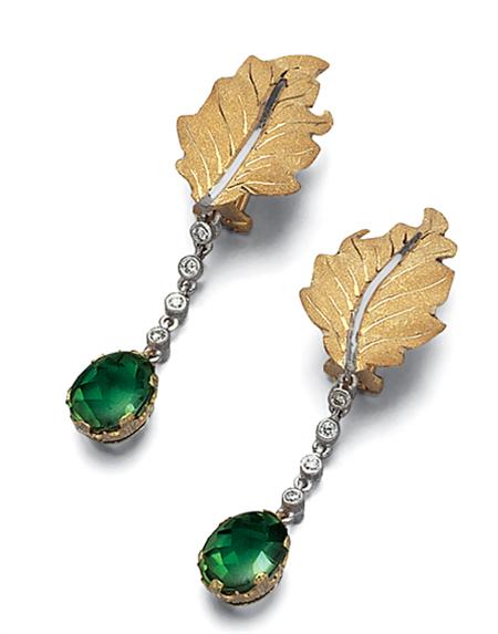 Lot image - Pair of Two-Color Gold, Cabochon Peridot and Diamond Pendant-Earclips